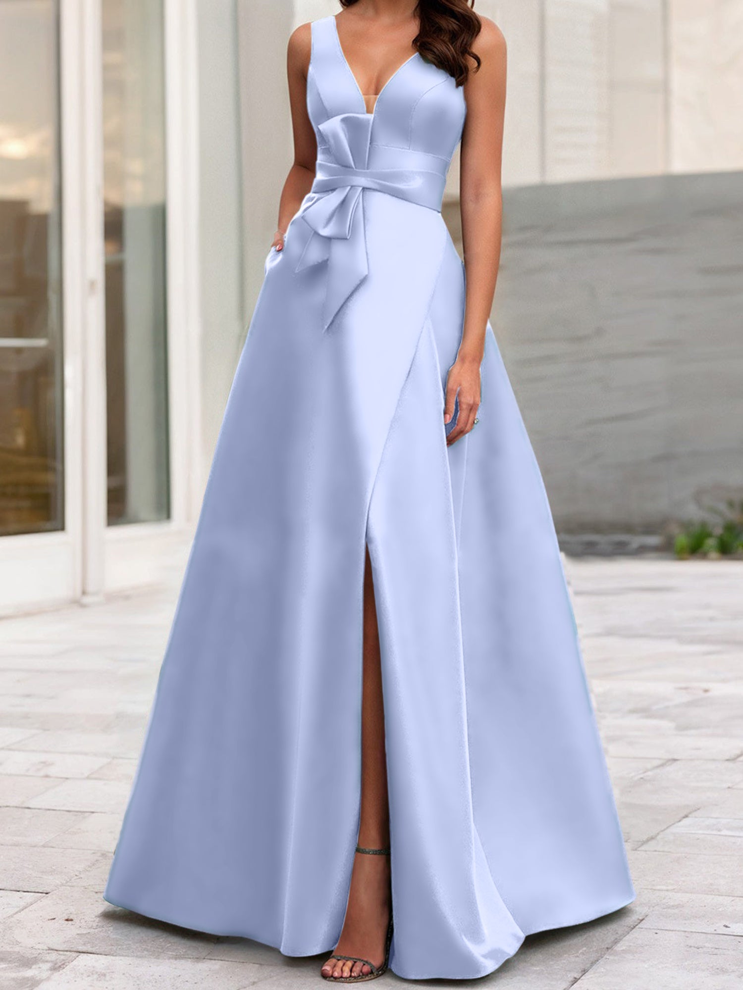 A Line Princess V Neck Sleeveless Mother Of The Bride Dresses With Split Side
