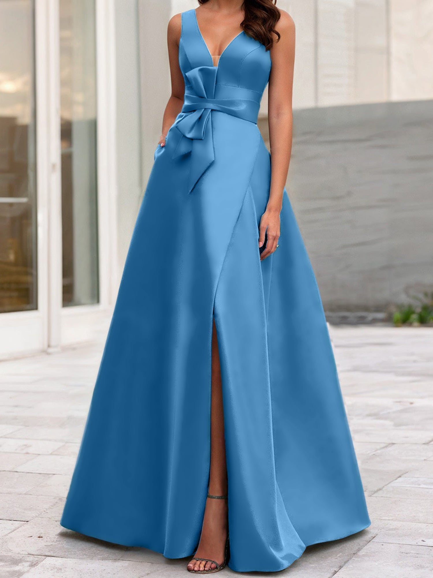 A Line Princess V Neck Sleeveless Mother Of The Bride Dresses With Split Side