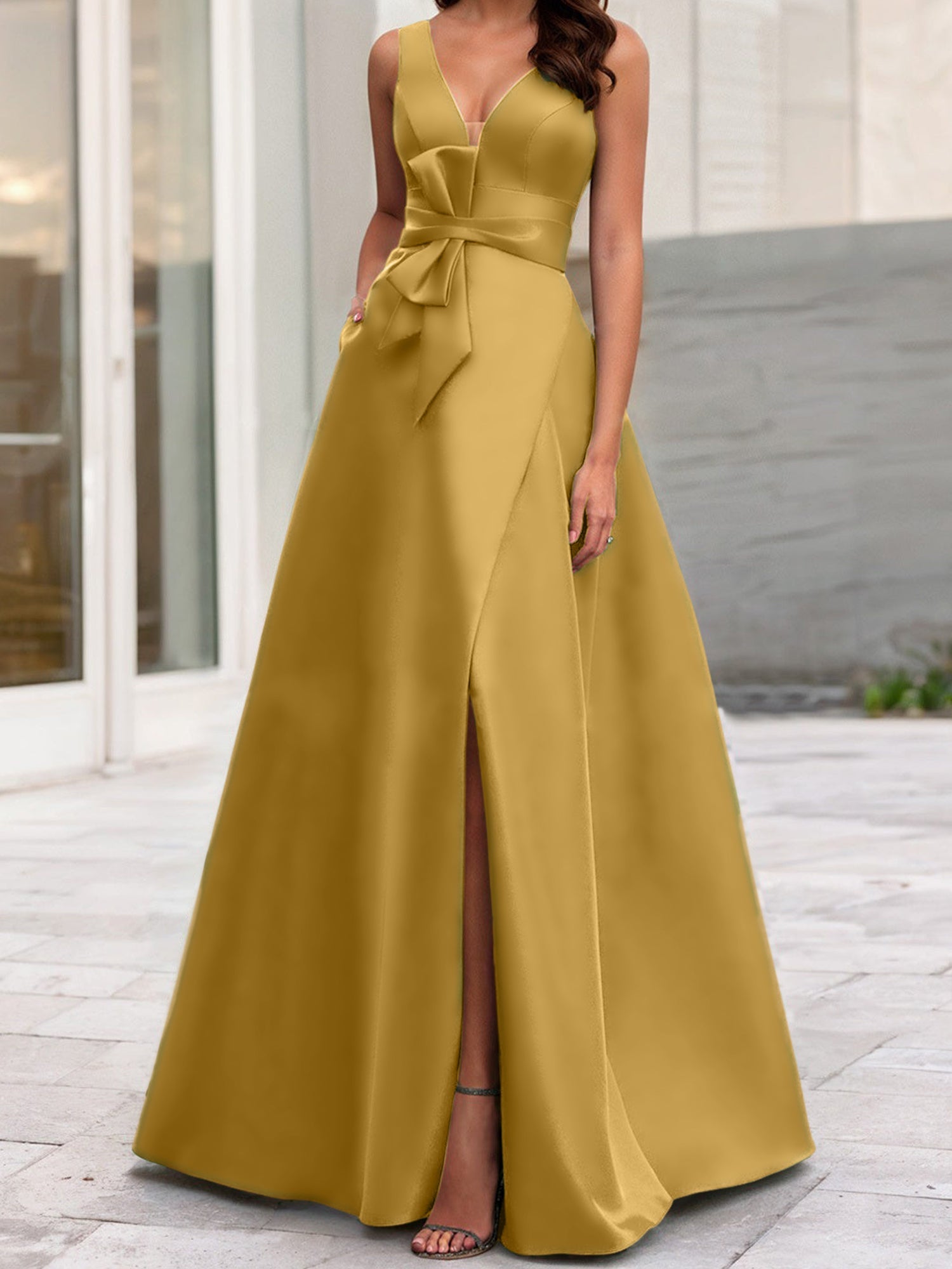 A Line Princess V Neck Sleeveless Mother Of The Bride Dresses With Split Side