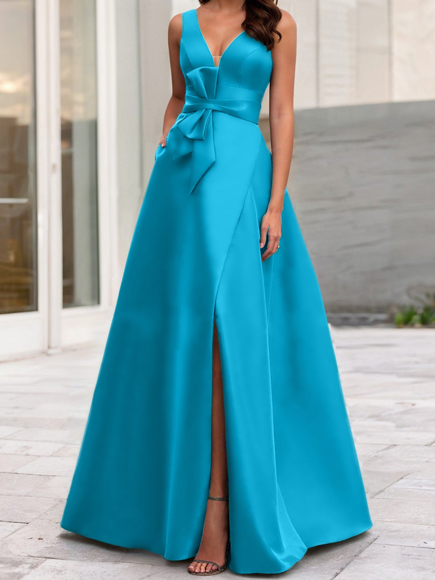 A Line Princess V Neck Sleeveless Mother Of The Bride Dresses With Split Side