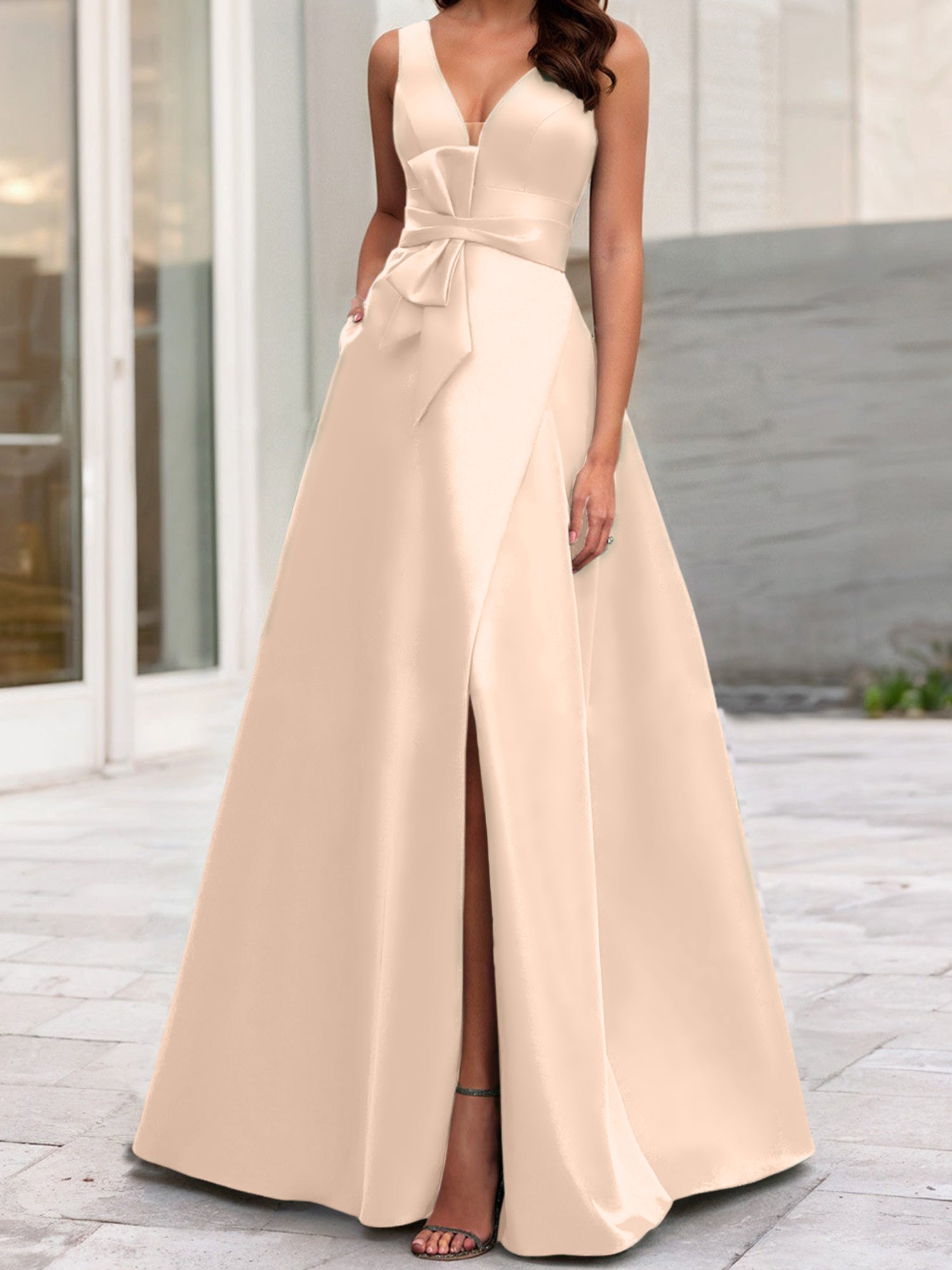 A Line Princess V Neck Sleeveless Mother Of The Bride Dresses With Split Side