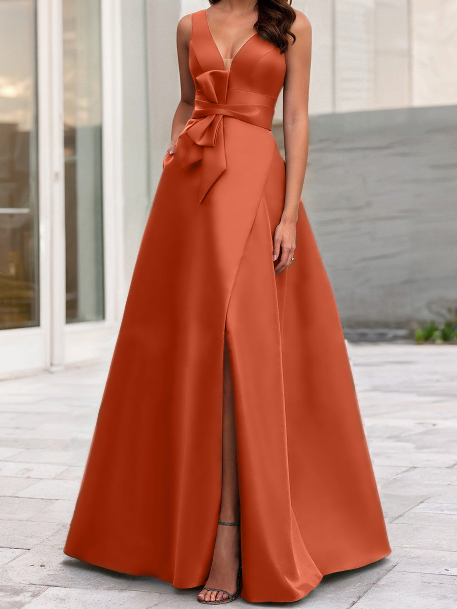 A Line Princess V Neck Sleeveless Mother Of The Bride Dresses With Split Side