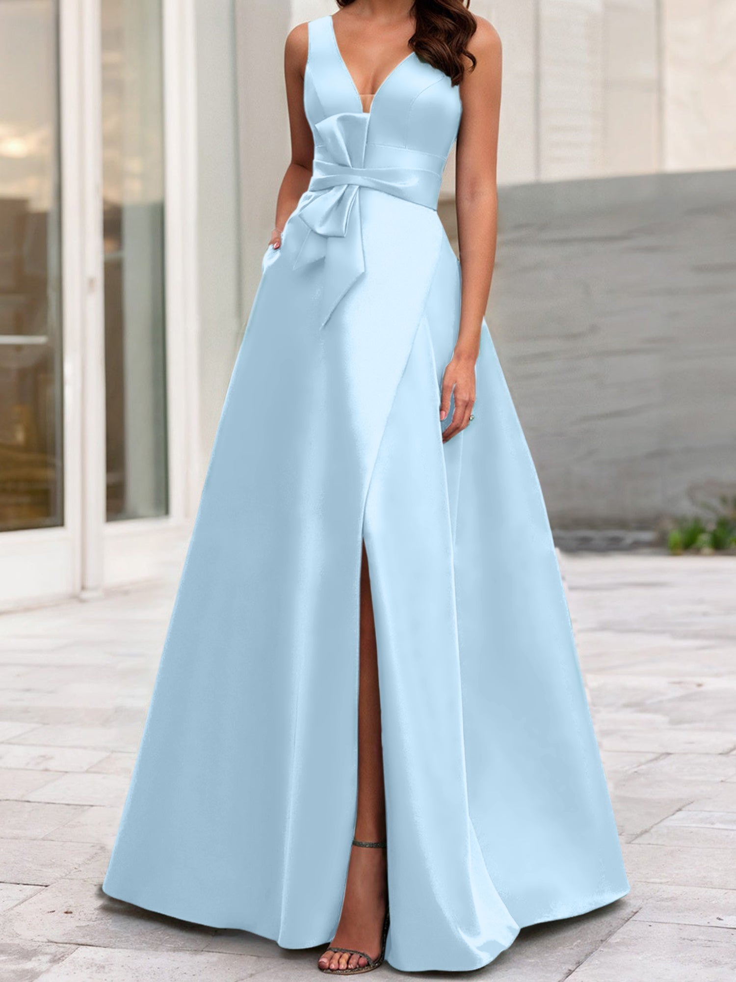 A Line Princess V Neck Sleeveless Mother Of The Bride Dresses With Split Side