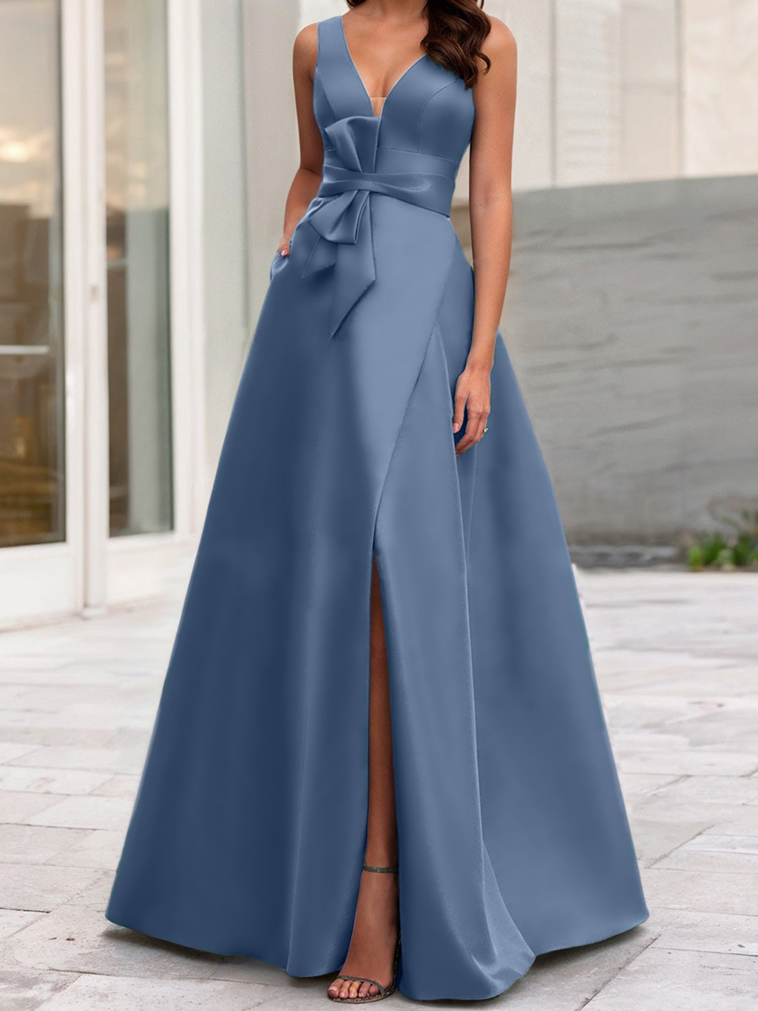 A Line Princess V Neck Sleeveless Mother Of The Bride Dresses With Split Side