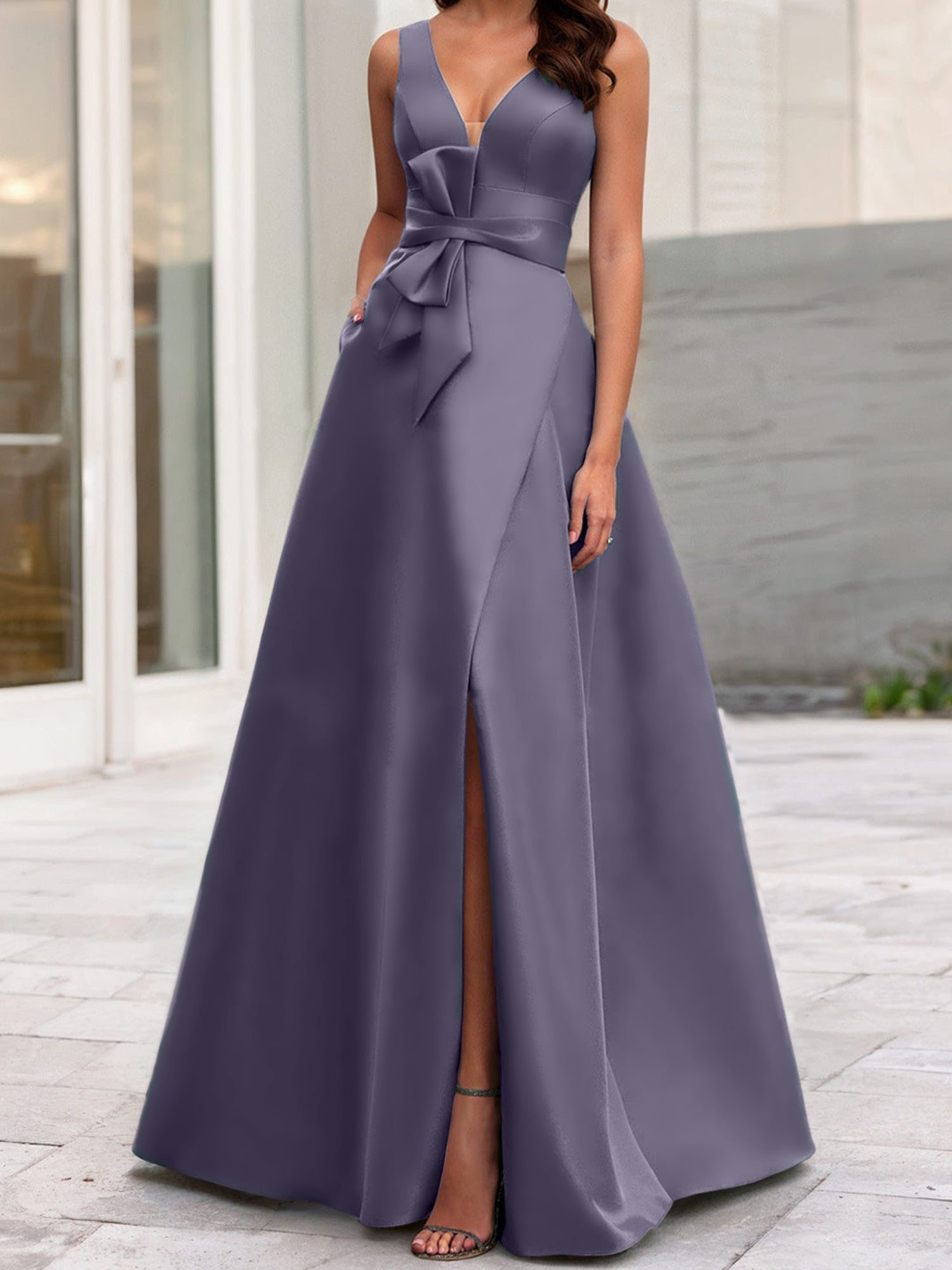 A Line Princess V Neck Sleeveless Mother Of The Bride Dresses With Split Side