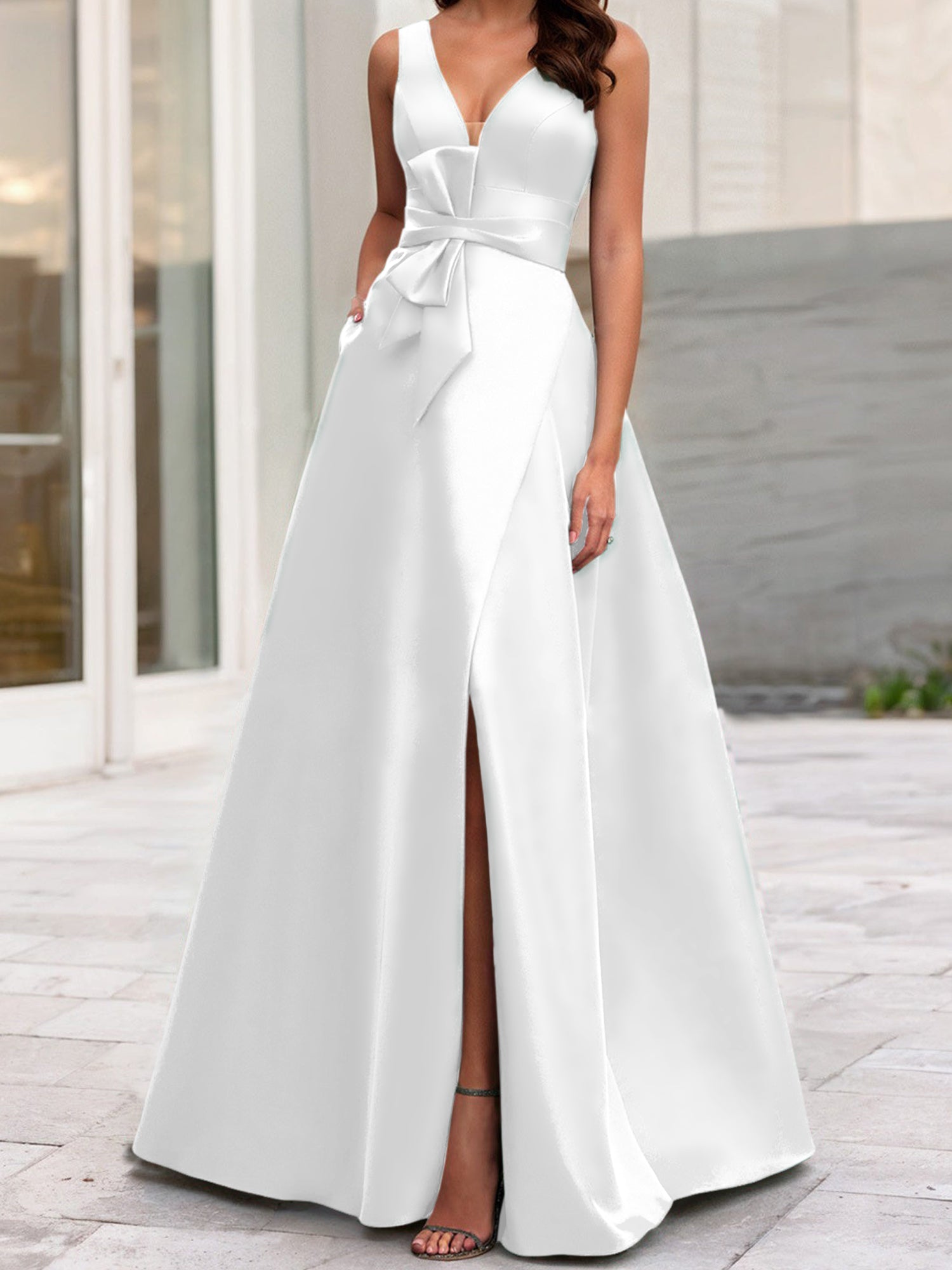 A Line Princess V Neck Sleeveless Mother Of The Bride Dresses With Split Side