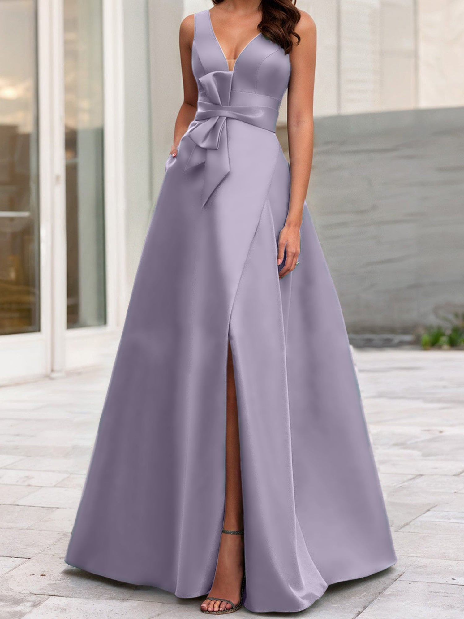 A Line Princess V Neck Sleeveless Mother Of The Bride Dresses With Split Side