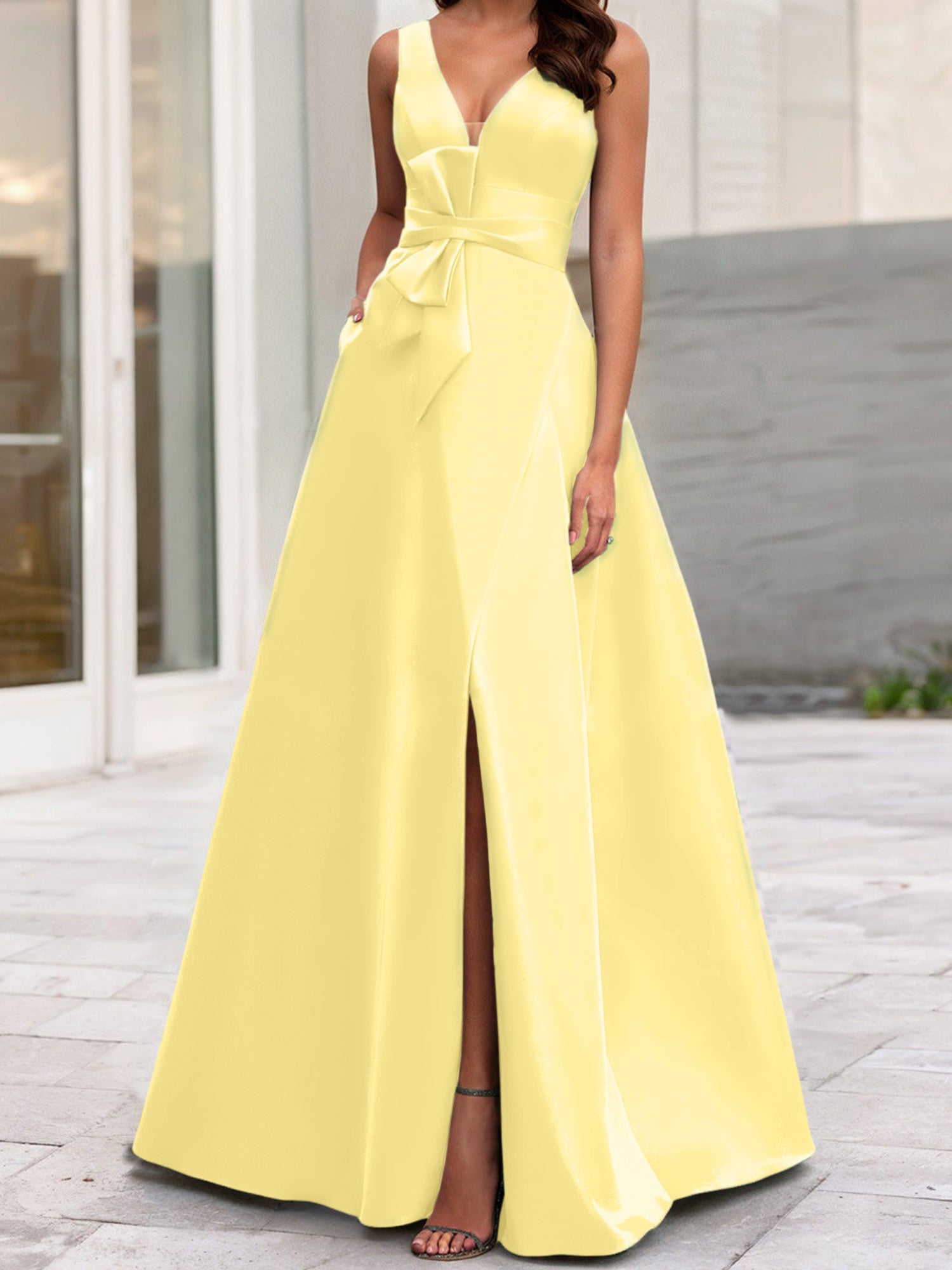 A Line Princess V Neck Sleeveless Mother Of The Bride Dresses With Split Side