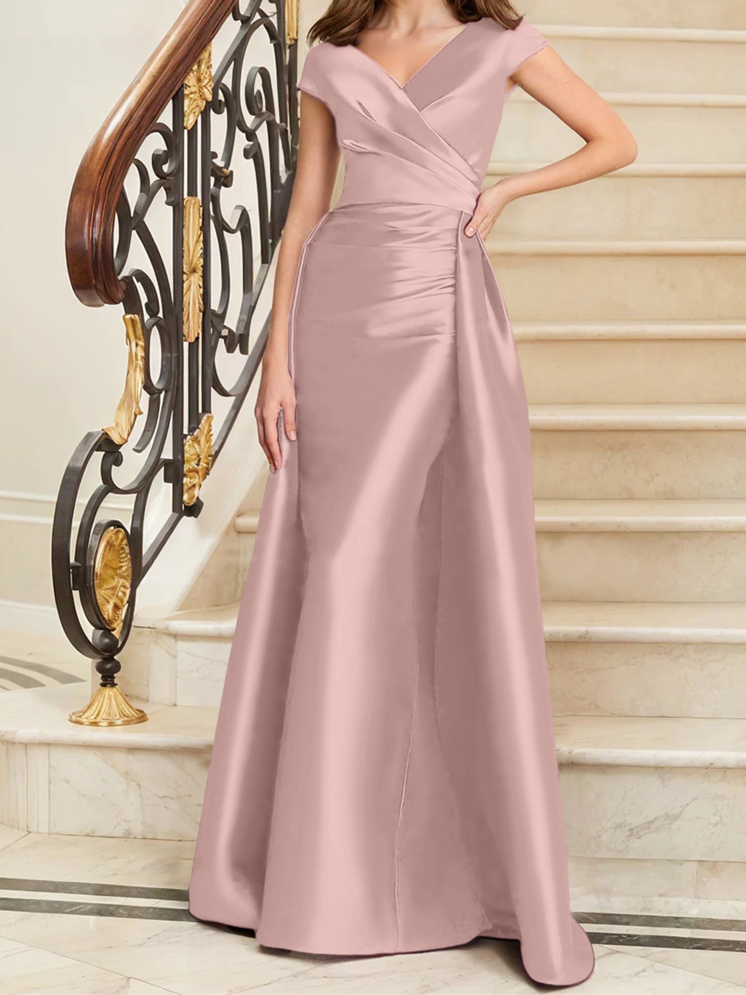 Sheath Column V Neck Sleeveless Satin Mother Of The Bride Dresses