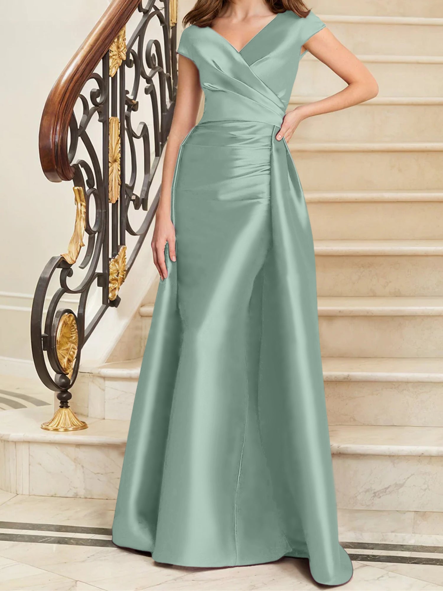 Sheath Column V Neck Sleeveless Satin Mother Of The Bride Dresses