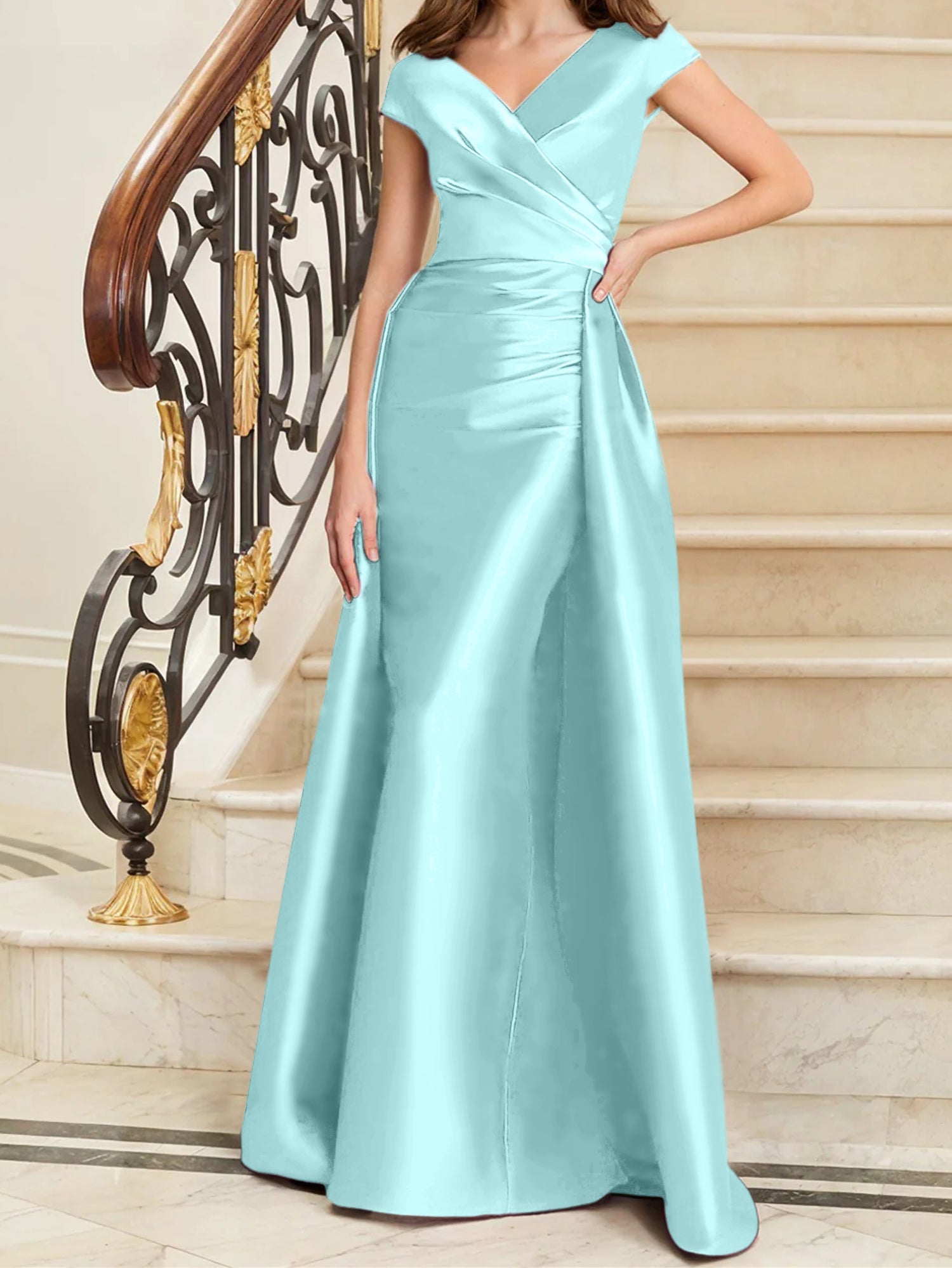 Sheath Column V Neck Sleeveless Satin Mother Of The Bride Dresses