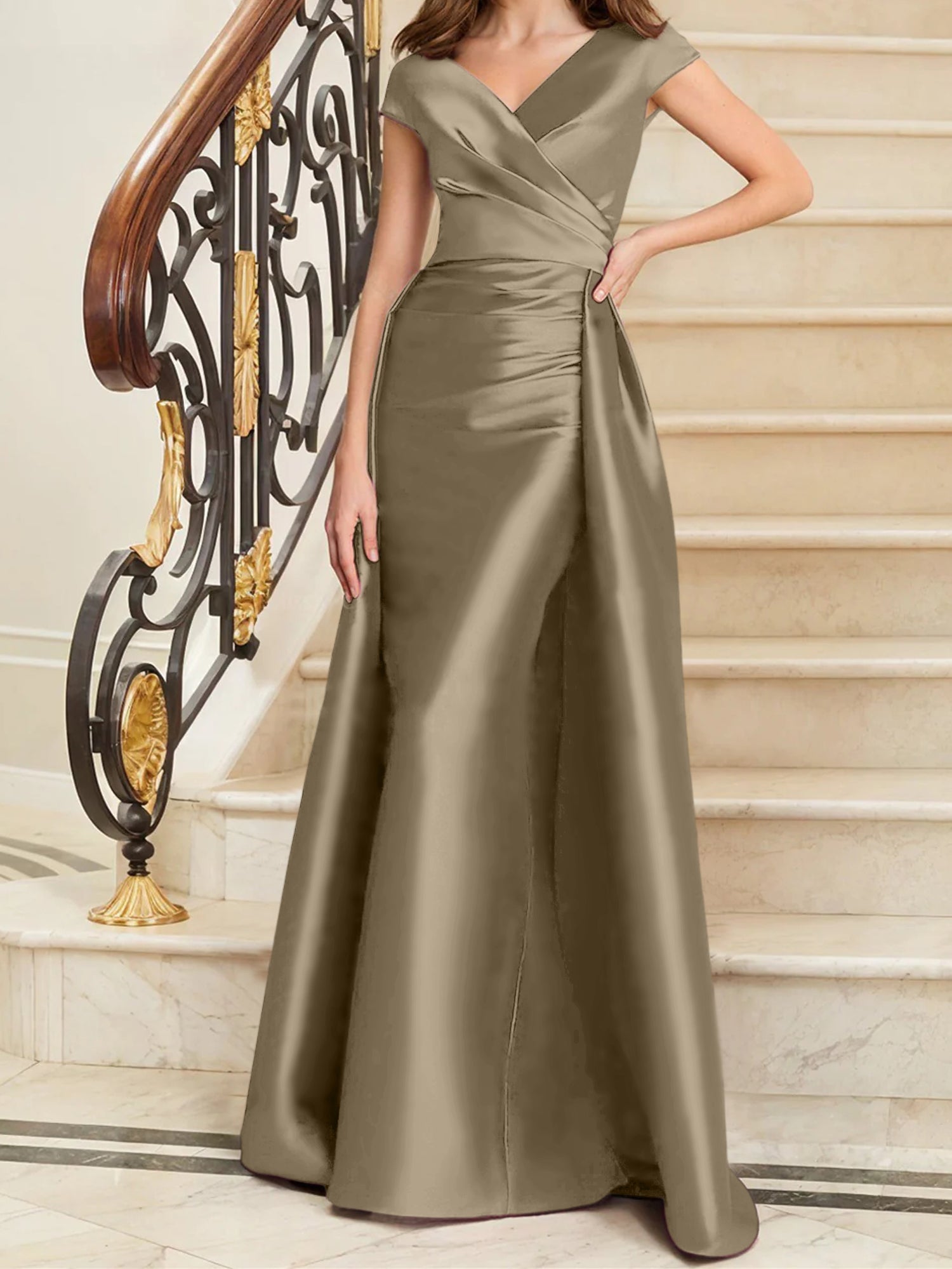 Sheath Column V Neck Sleeveless Satin Mother Of The Bride Dresses