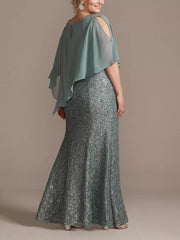 Chiffon Scoop Neck Floor Length Luxurious Plus Size Mother Of The Bride Dress With Beading Sequins