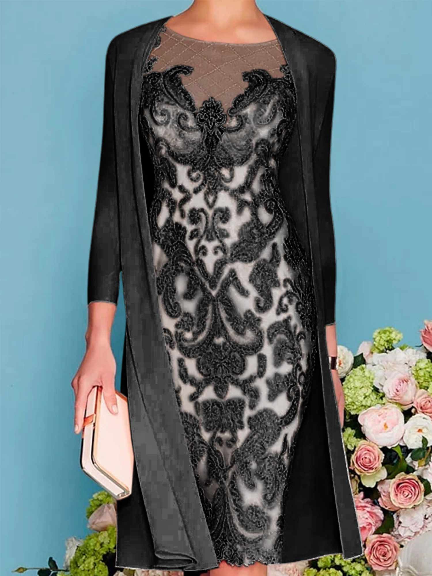 Sheath Column Scoop Long Sleeves Knee Length Mother Of The Bride Dresses With Lace Beading Appliques