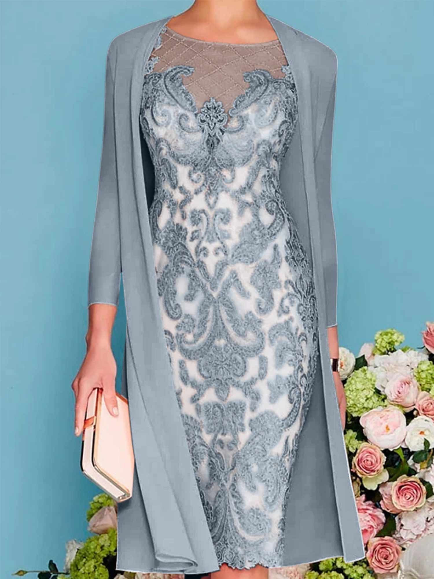 Sheath Column Scoop Long Sleeves Knee Length Mother Of The Bride Dresses With Lace Beading Appliques