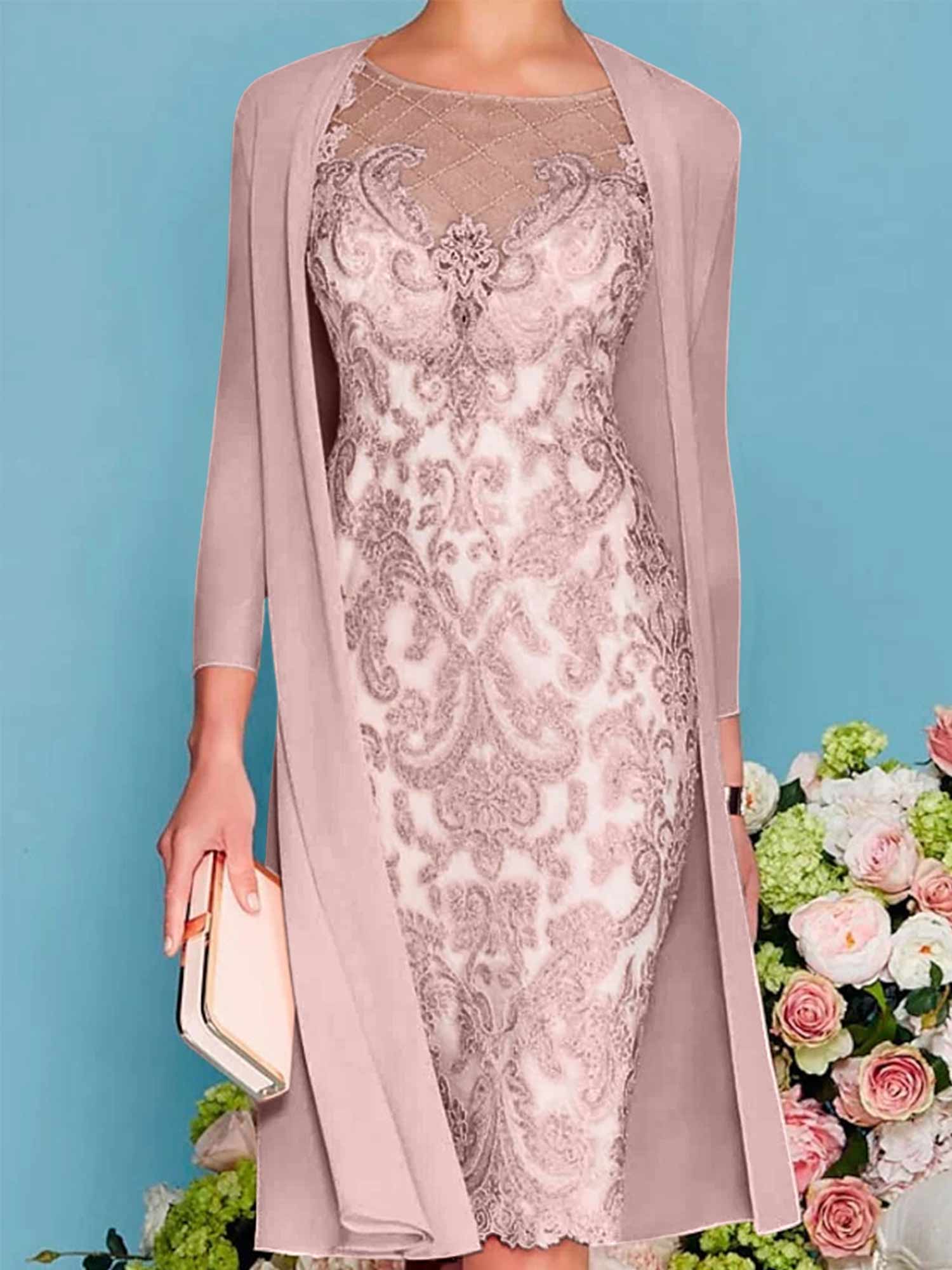 Sheath Column Scoop Long Sleeves Knee Length Mother Of The Bride Dresses With Lace Beading Appliques