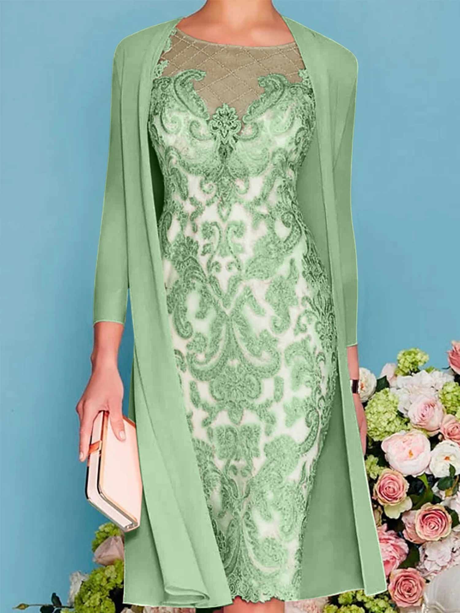 Sheath Column Scoop Long Sleeves Knee Length Mother Of The Bride Dresses With Lace Beading Appliques
