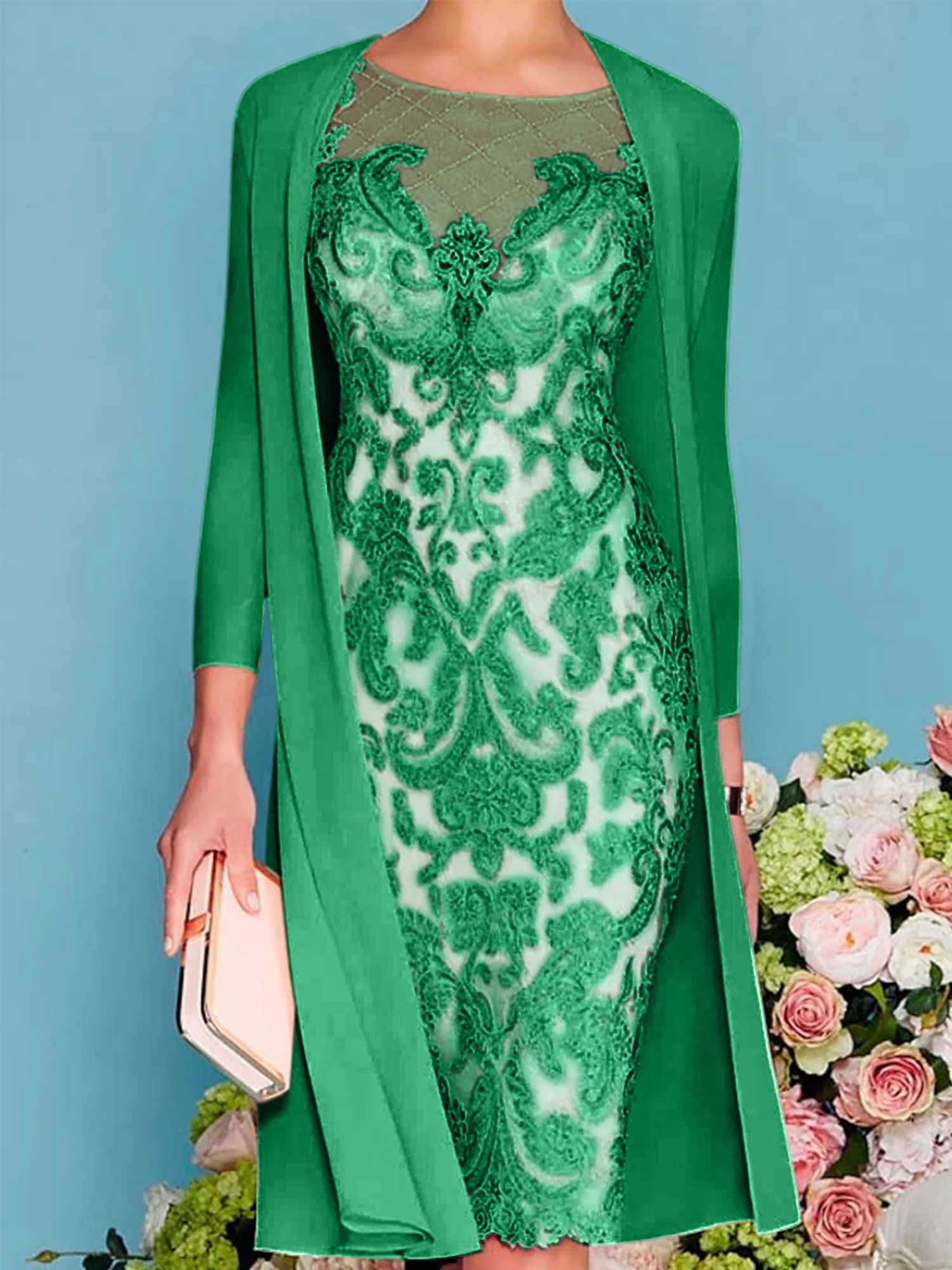 Sheath Column Scoop Long Sleeves Knee Length Mother Of The Bride Dresses With Lace Beading Appliques