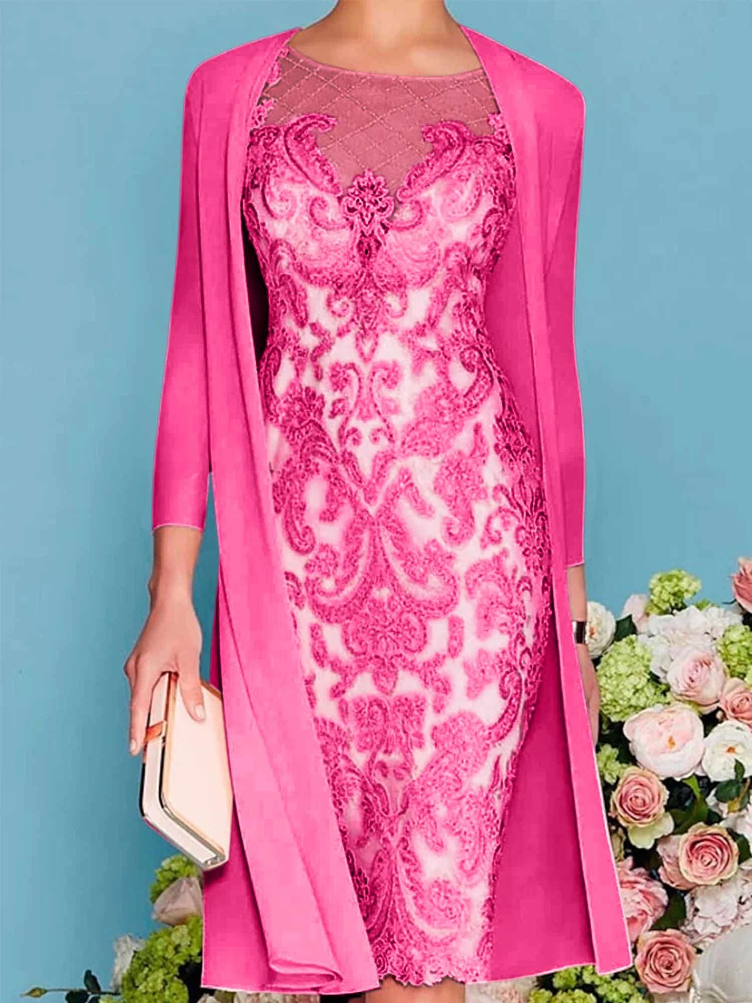 Sheath Column Scoop Long Sleeves Knee Length Mother Of The Bride Dresses With Lace Beading Appliques