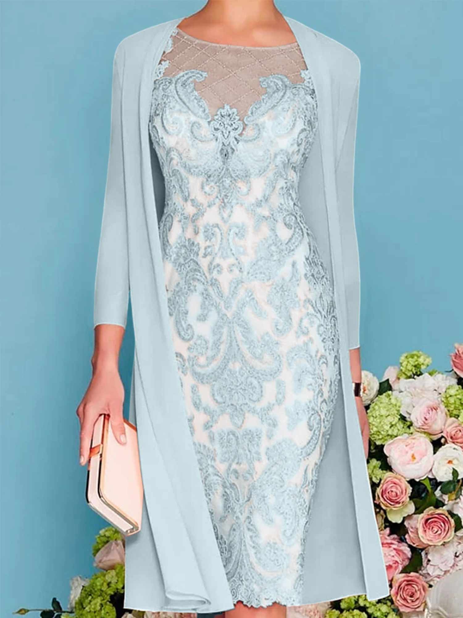 Sheath Column Scoop Long Sleeves Knee Length Mother Of The Bride Dresses With Lace Beading Appliques