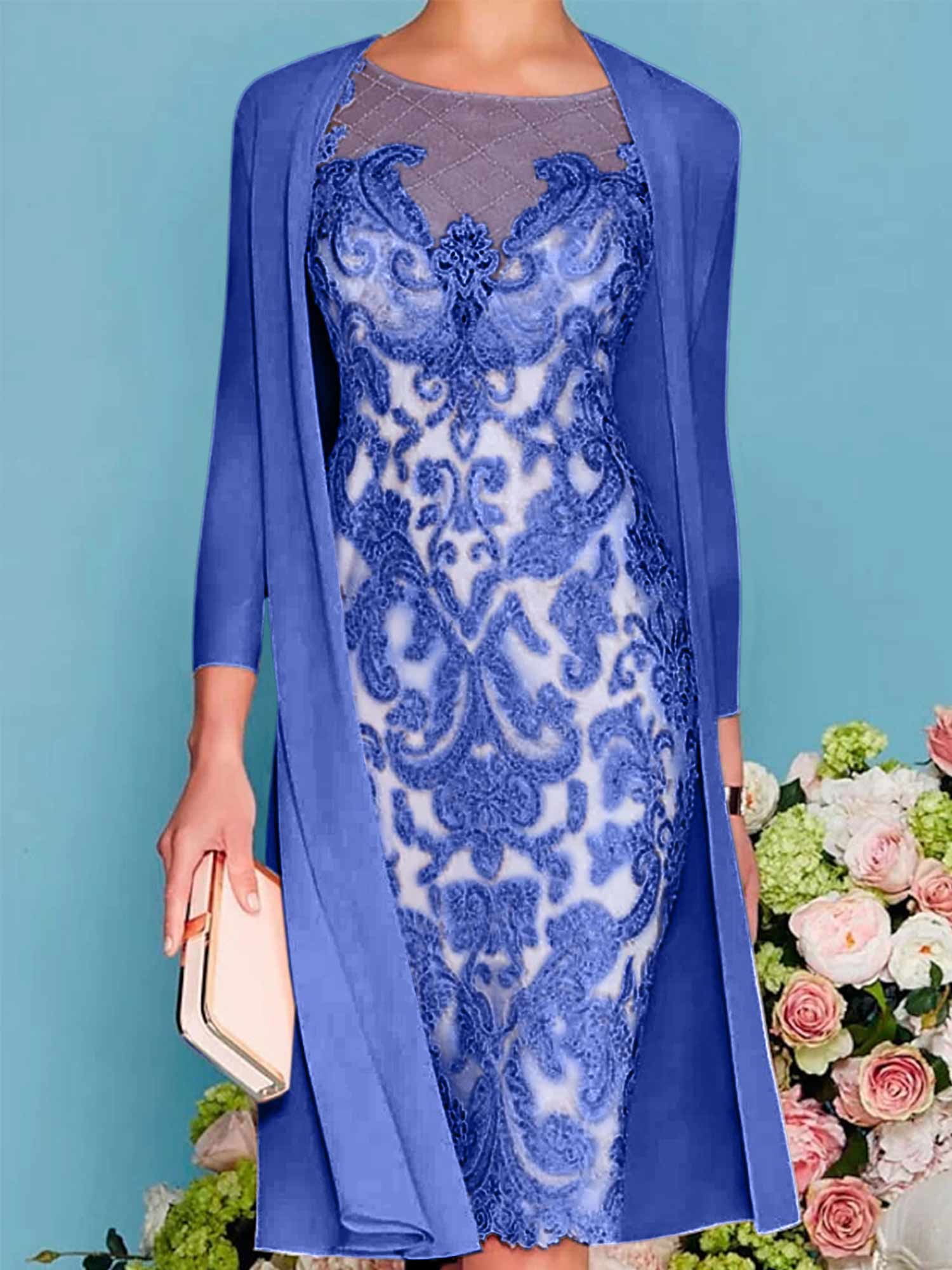 Sheath Column Scoop Long Sleeves Knee Length Mother Of The Bride Dresses With Lace Beading Appliques