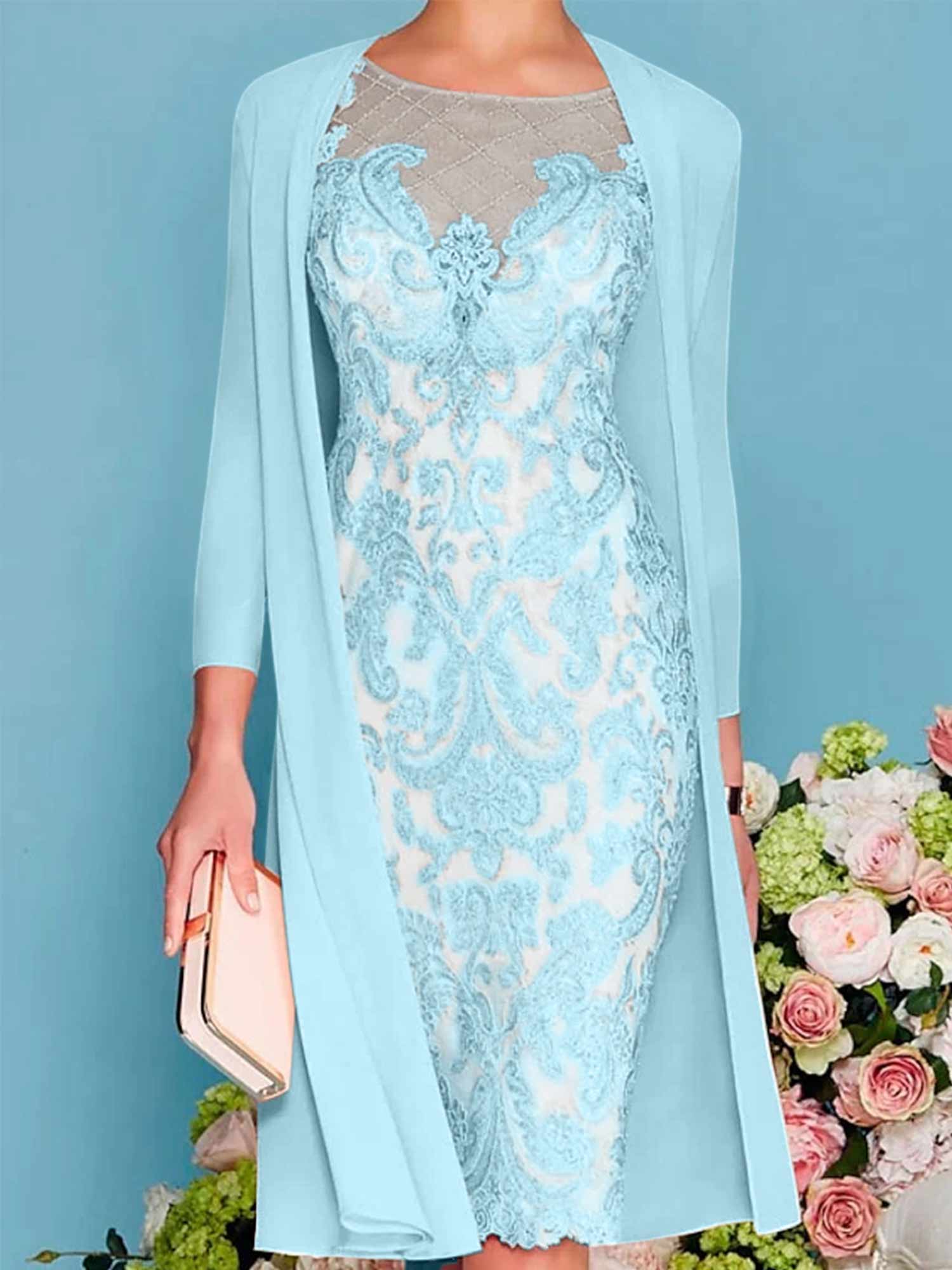 Sheath Column Scoop Long Sleeves Knee Length Mother Of The Bride Dresses With Lace Beading Appliques