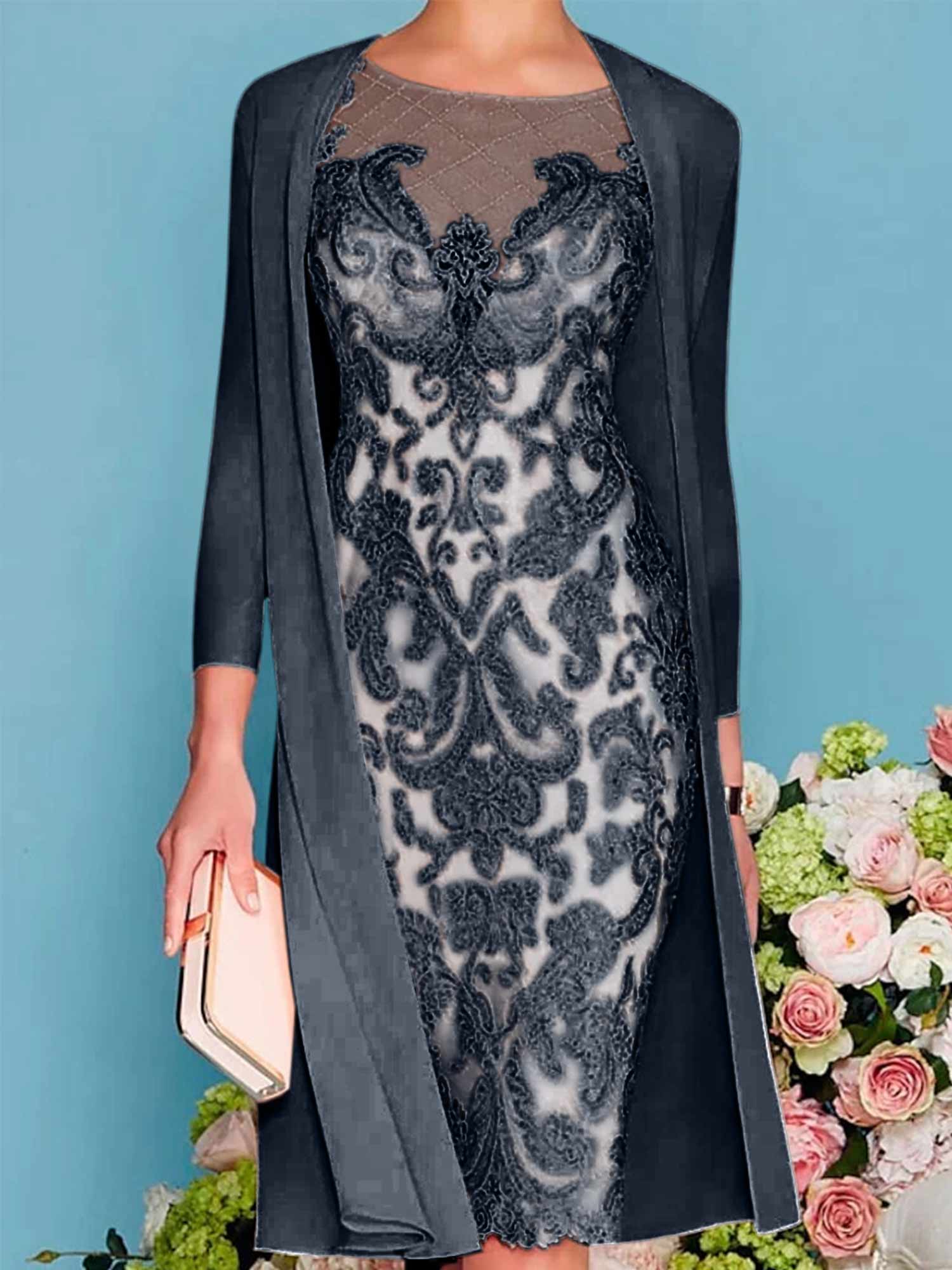 Sheath Column Scoop Long Sleeves Knee Length Mother Of The Bride Dresses With Lace Beading Appliques