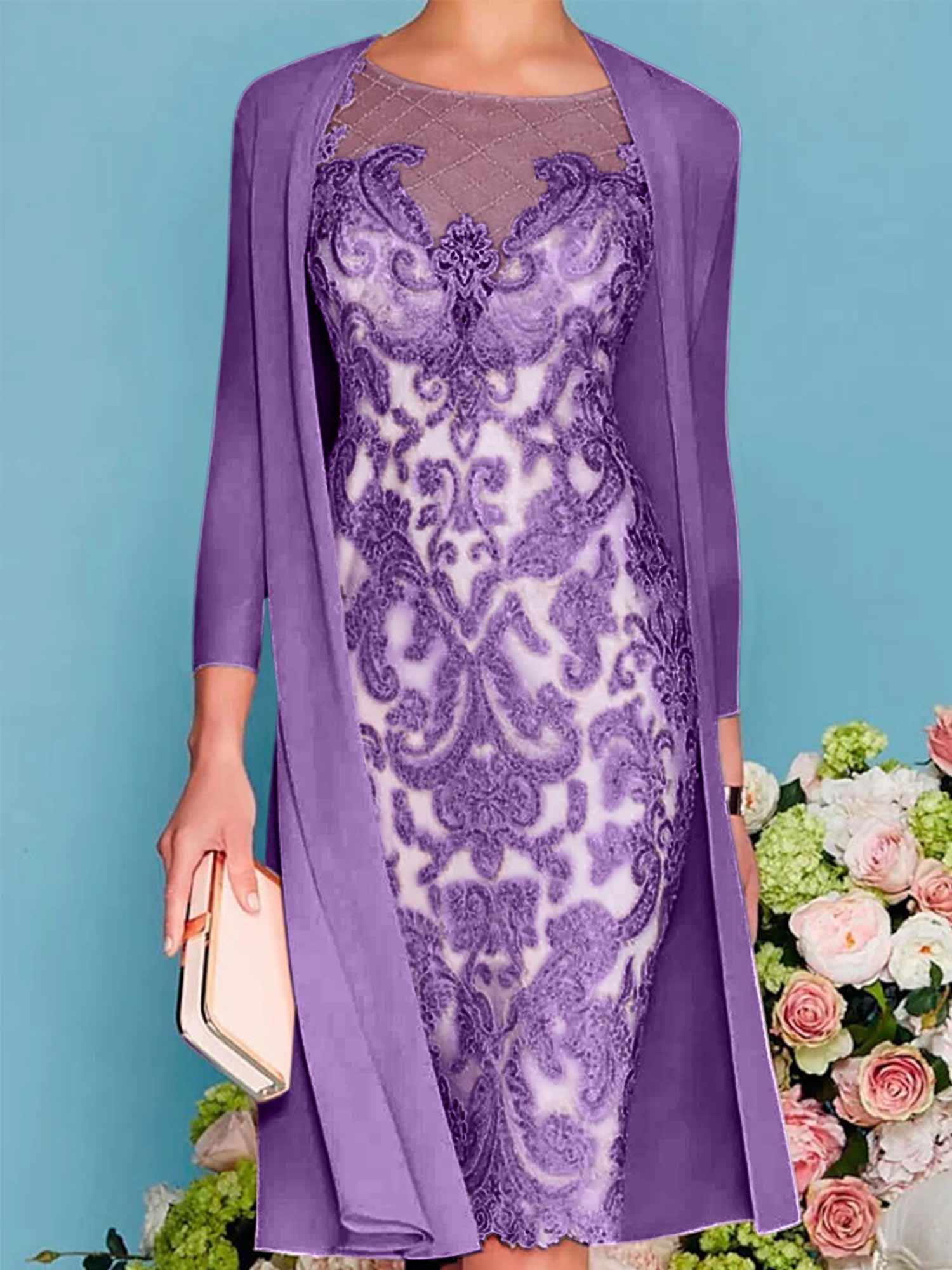 Sheath Column Scoop Long Sleeves Knee Length Mother Of The Bride Dresses With Lace Beading Appliques