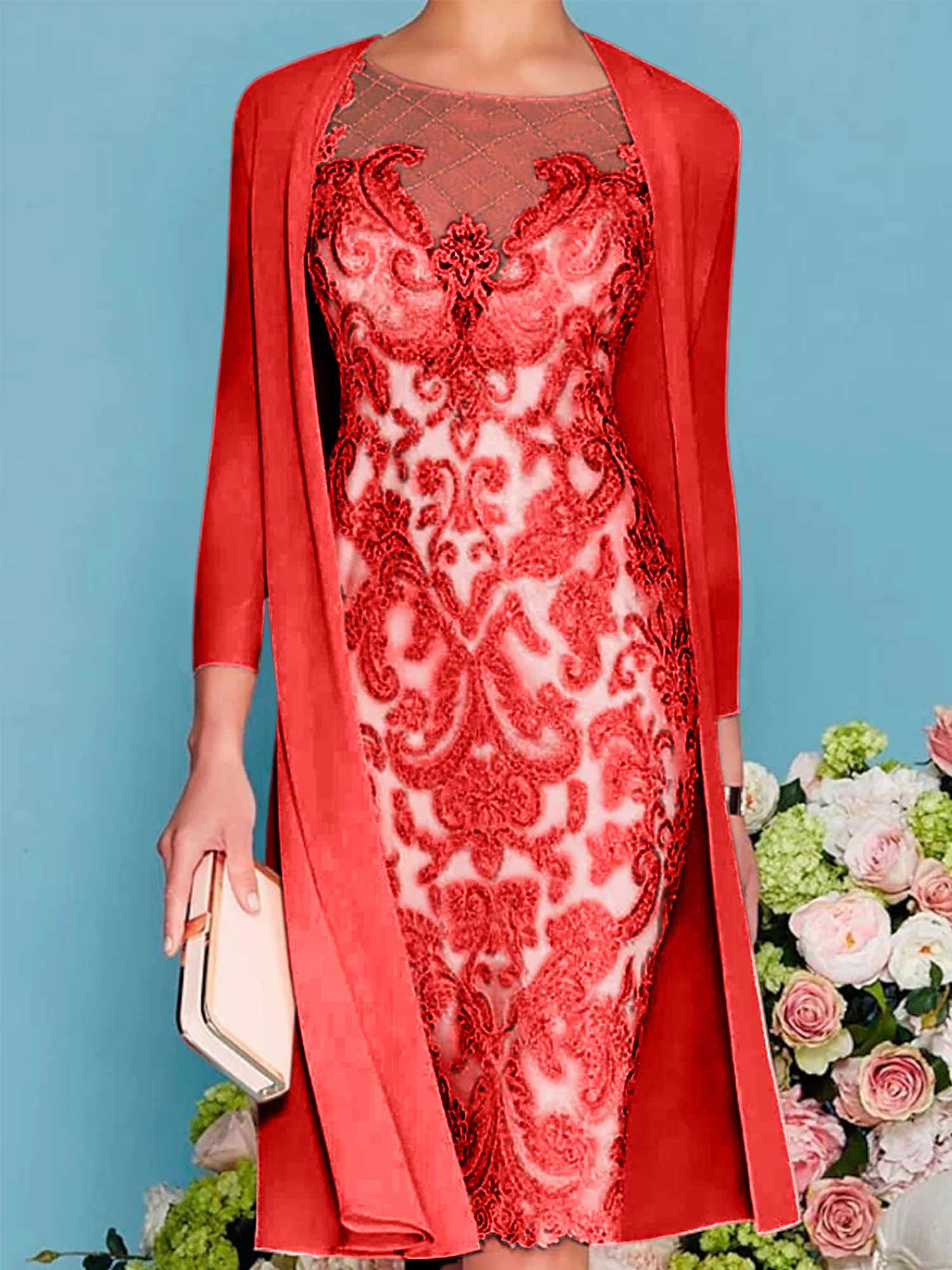 Sheath Column Scoop Long Sleeves Knee Length Mother Of The Bride Dresses With Lace Beading Appliques