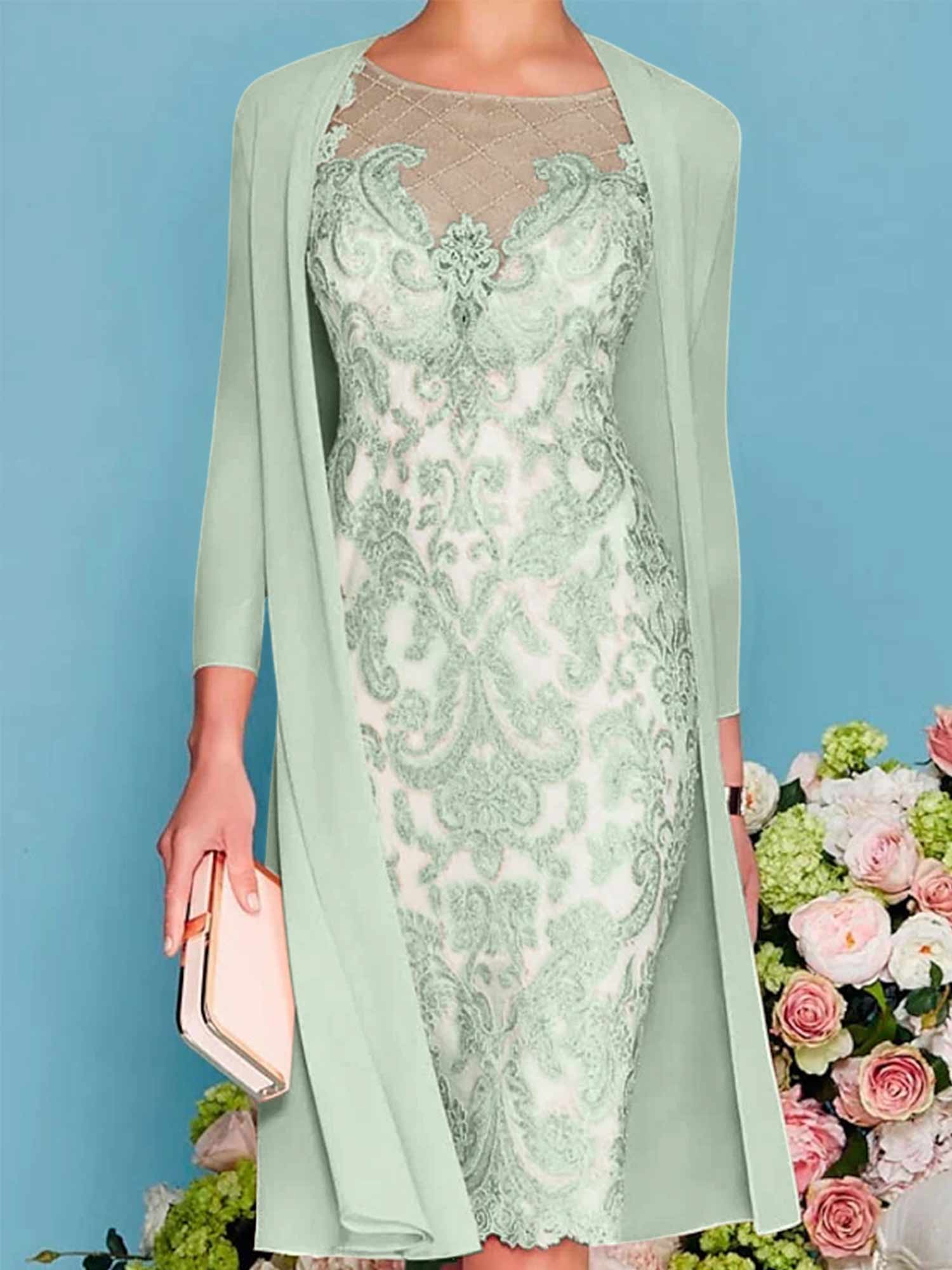 Sheath Column Scoop Long Sleeves Knee Length Mother Of The Bride Dresses With Lace Beading Appliques