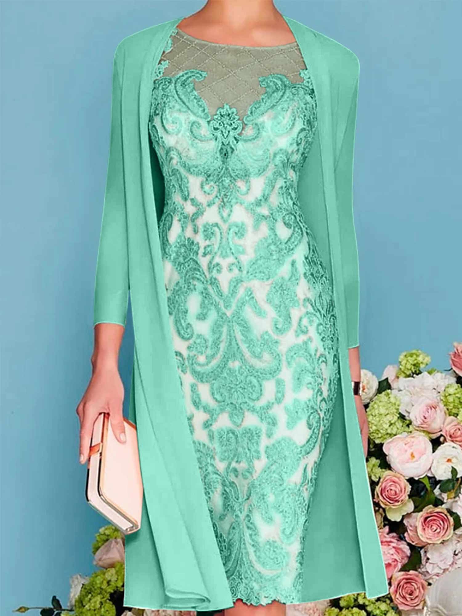 Sheath Column Scoop Long Sleeves Knee Length Mother Of The Bride Dresses With Lace Beading Appliques