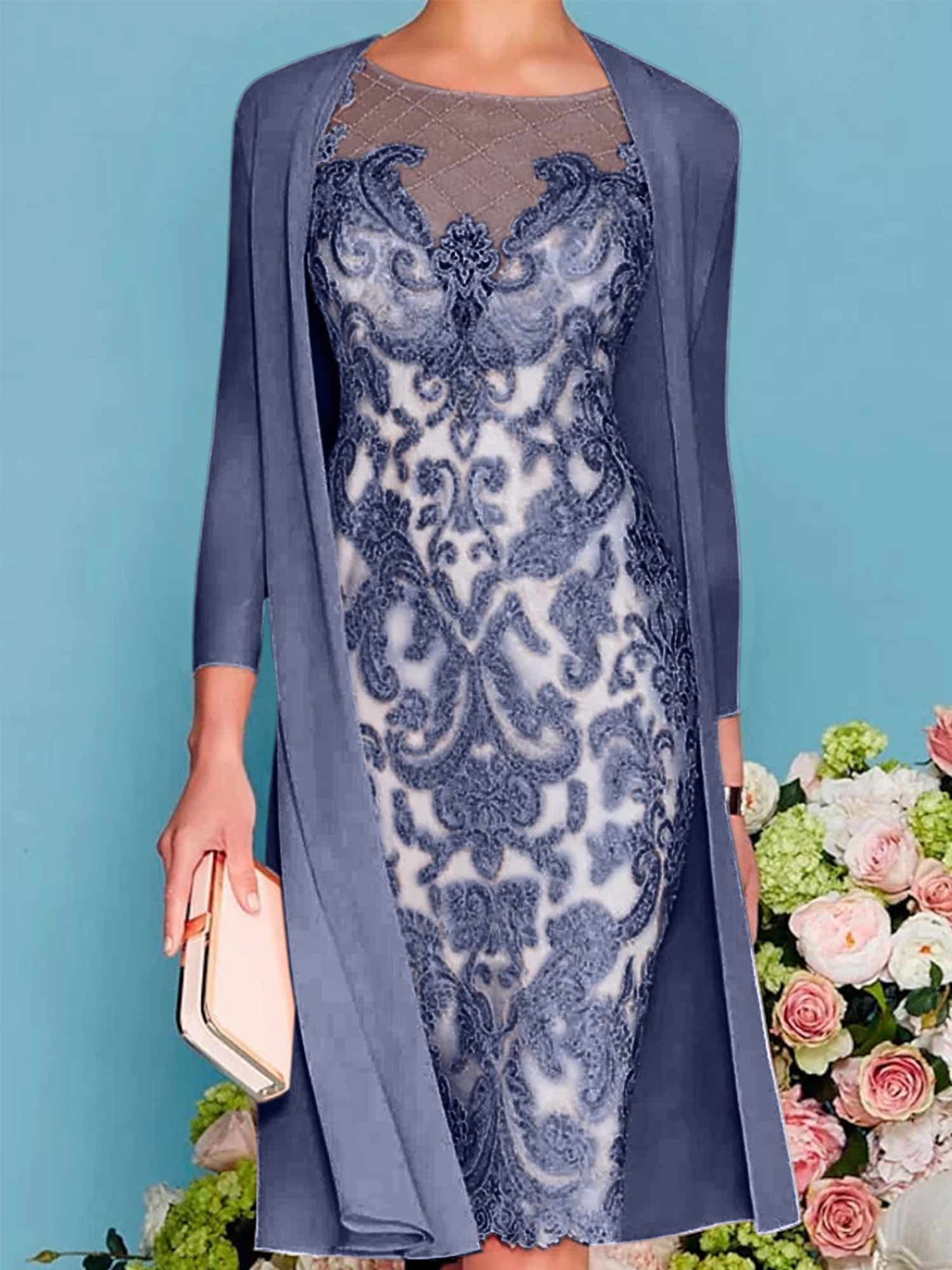 Sheath Column Scoop Long Sleeves Knee Length Mother Of The Bride Dresses With Lace Beading Appliques