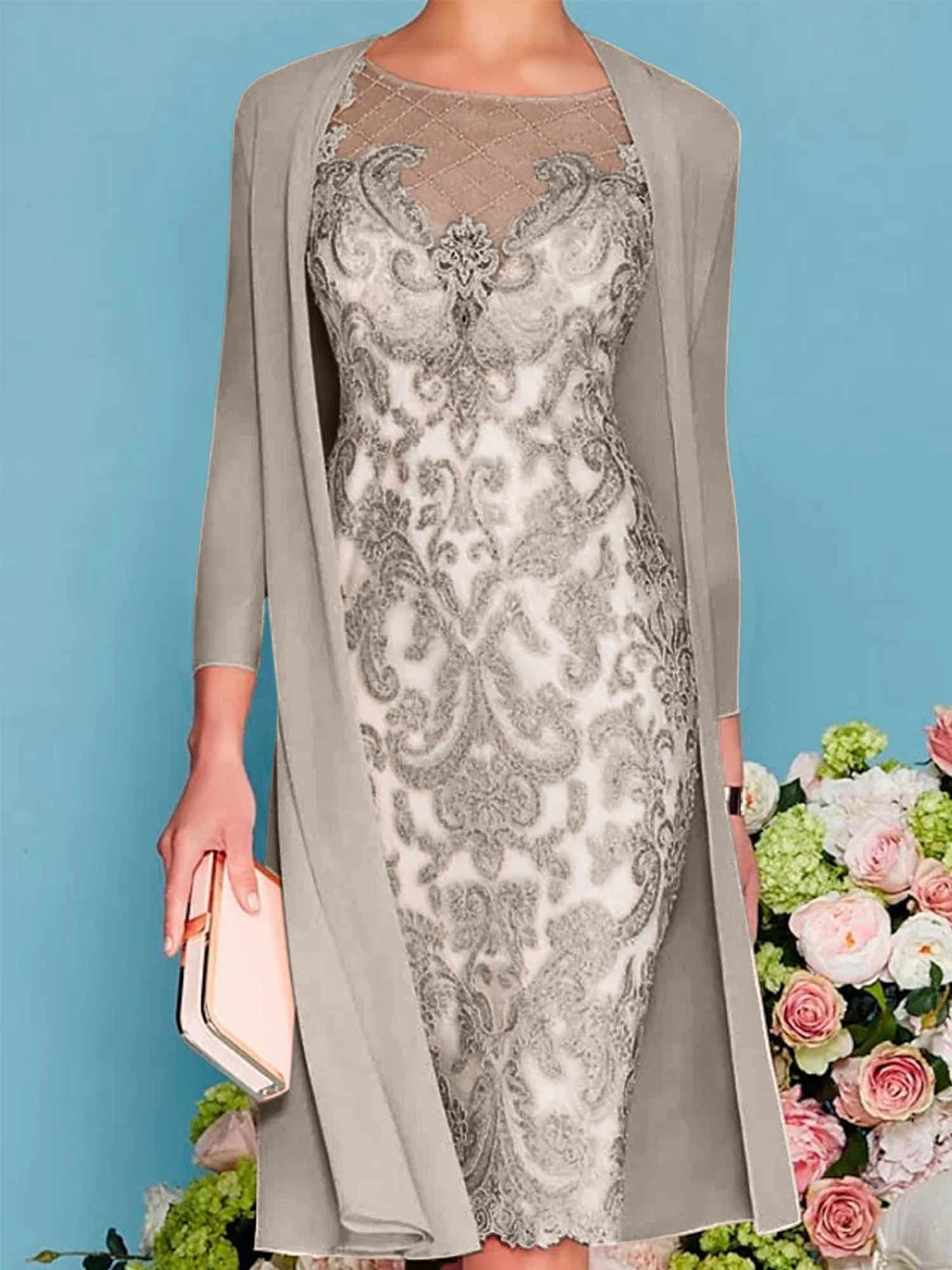 Sheath Column Scoop Long Sleeves Knee Length Mother Of The Bride Dresses With Lace Beading Appliques