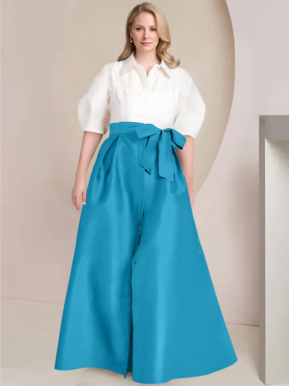 A Line Princess Shirt Collar Short Sleeves Floor Length Plus Size Mother Of The Bride Dresses With Bowknot