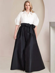 A Line Princess Shirt Collar Short Sleeves Floor Length Plus Size Mother Of The Bride Dresses With Bowknot