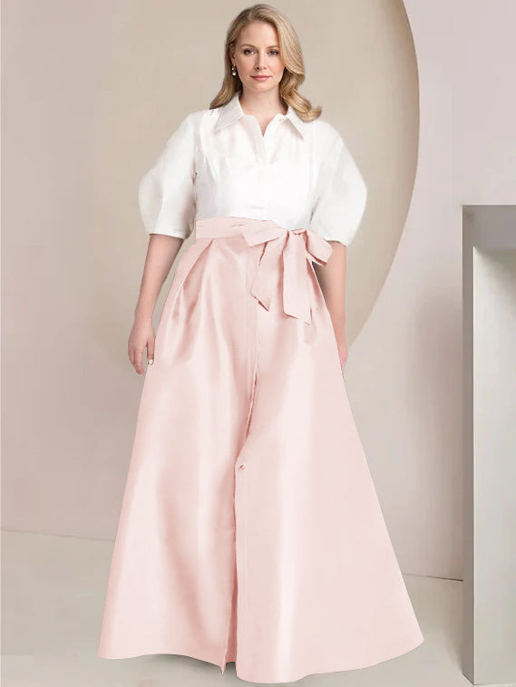 A Line Princess Shirt Collar Short Sleeves Floor Length Plus Size Mother Of The Bride Dresses With Bowknot
