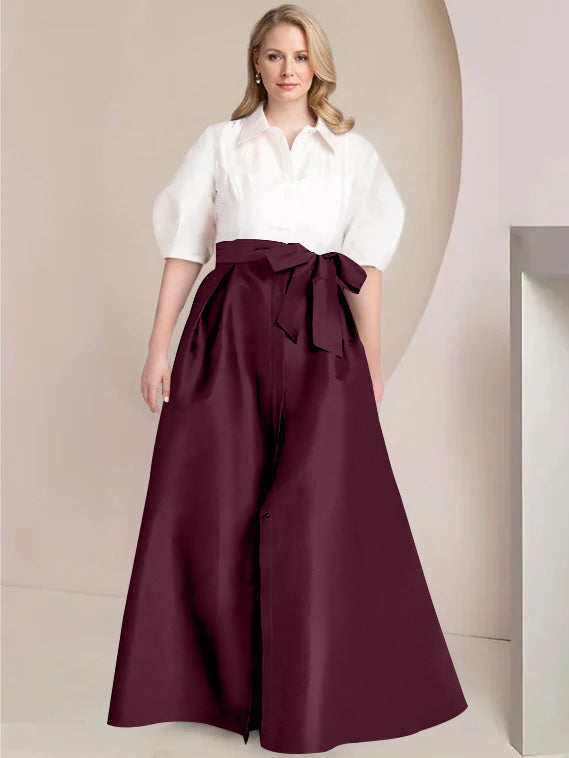 A Line Princess Shirt Collar Short Sleeves Floor Length Plus Size Mother Of The Bride Dresses With Bowknot