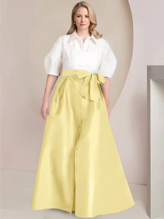 A Line Princess Shirt Collar Short Sleeves Floor Length Plus Size Mother Of The Bride Dresses With Bowknot