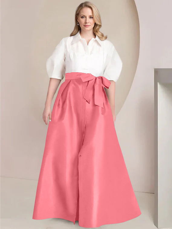 A Line Princess Shirt Collar Short Sleeves Floor Length Plus Size Mother Of The Bride Dresses With Bowknot