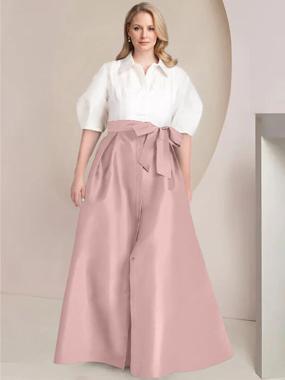 A Line Princess Shirt Collar Short Sleeves Floor Length Plus Size Mother Of The Bride Dresses With Bowknot