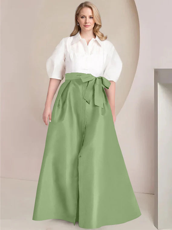 A Line Princess Shirt Collar Short Sleeves Floor Length Plus Size Mother Of The Bride Dresses With Bowknot