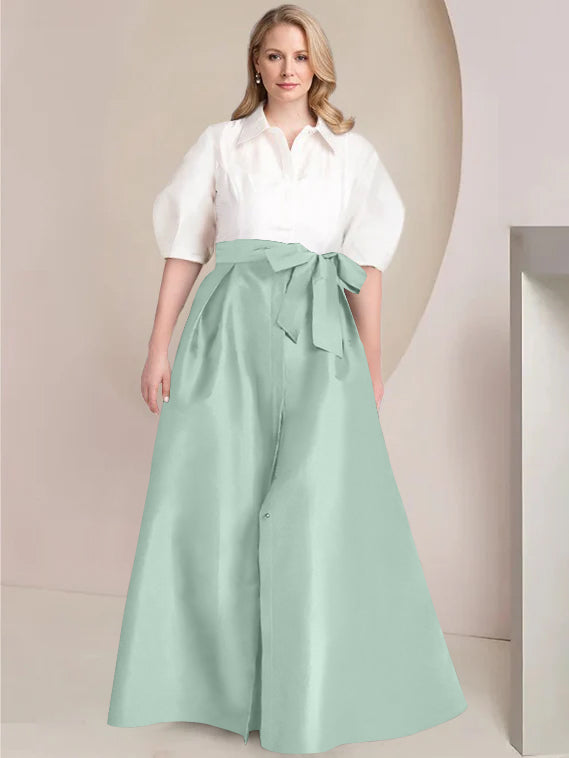 A Line Princess Shirt Collar Short Sleeves Floor Length Plus Size Mother Of The Bride Dresses With Bowknot