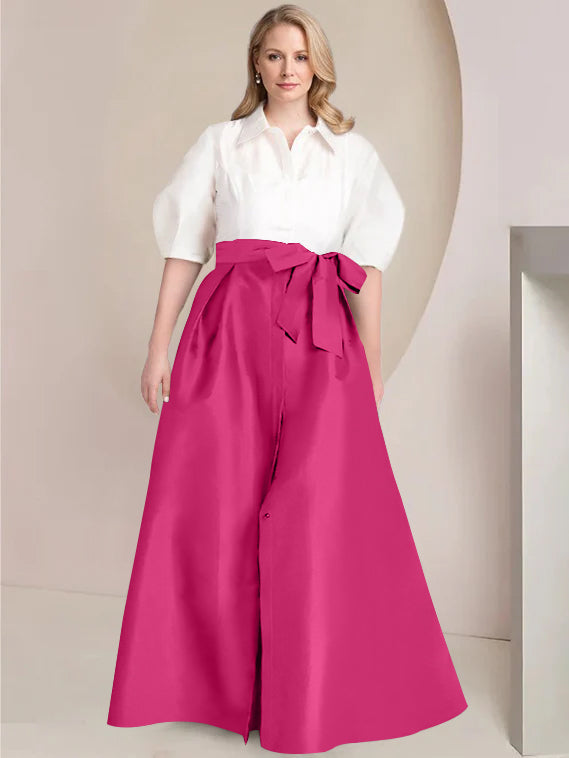 A Line Princess Shirt Collar Short Sleeves Floor Length Plus Size Mother Of The Bride Dresses With Bowknot