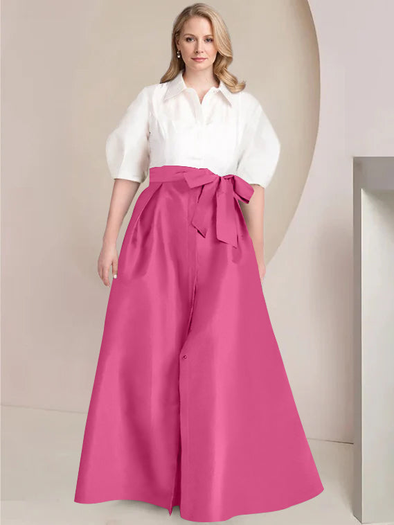 A Line Princess Shirt Collar Short Sleeves Floor Length Plus Size Mother Of The Bride Dresses With Bowknot