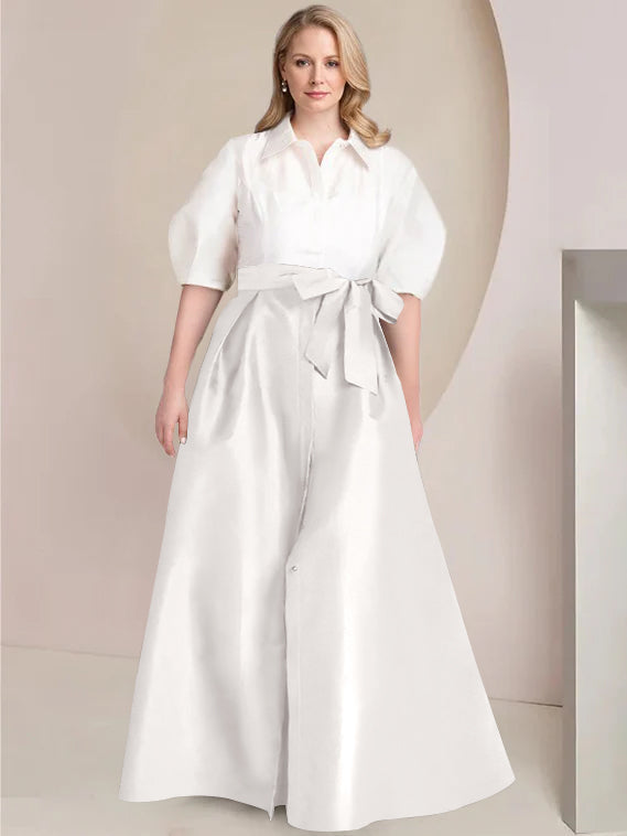 A Line Princess Shirt Collar Short Sleeves Floor Length Plus Size Mother Of The Bride Dresses With Bowknot