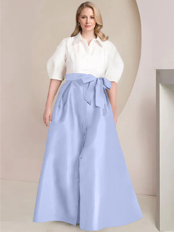 A Line Princess Shirt Collar Short Sleeves Floor Length Plus Size Mother Of The Bride Dresses With Bowknot