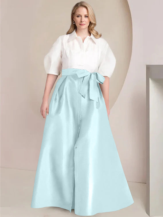 A Line Princess Shirt Collar Short Sleeves Floor Length Plus Size Mother Of The Bride Dresses With Bowknot