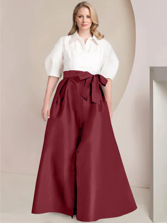 A Line Princess Shirt Collar Short Sleeves Floor Length Plus Size Mother Of The Bride Dresses With Bowknot