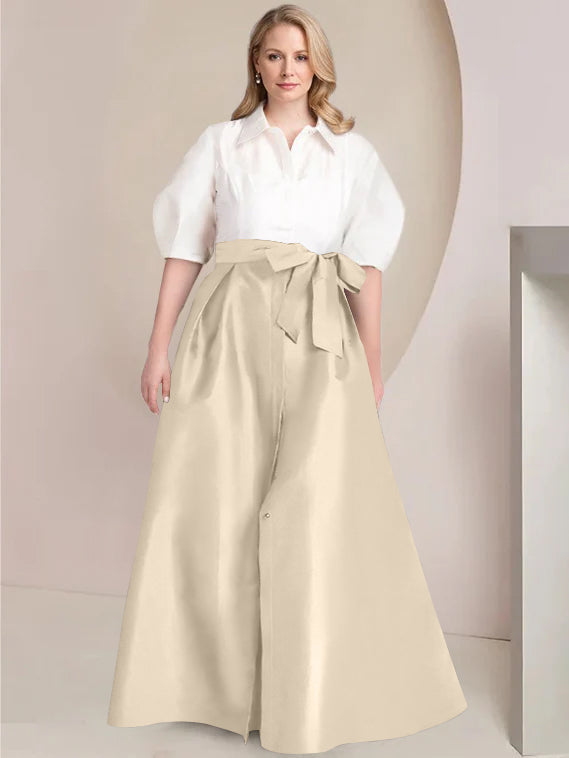 A Line Princess Shirt Collar Short Sleeves Floor Length Plus Size Mother Of The Bride Dresses With Bowknot
