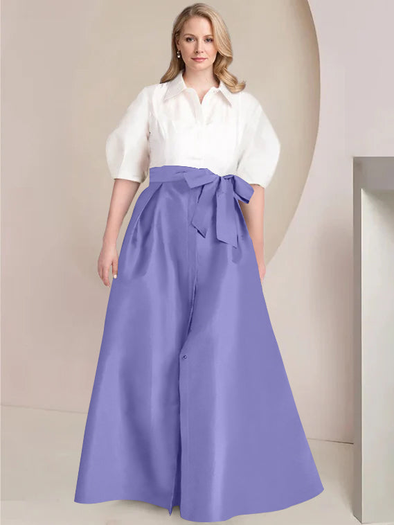 A Line Princess Shirt Collar Short Sleeves Floor Length Plus Size Mother Of The Bride Dresses With Bowknot